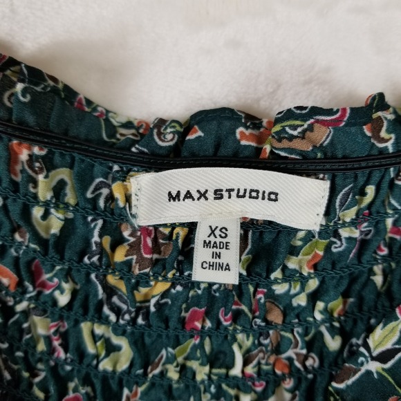 Max Studio Green Floral Smocked Tiered Maxi Dress Puff Sleeve 1904D63 XS - Picture 5 of 9